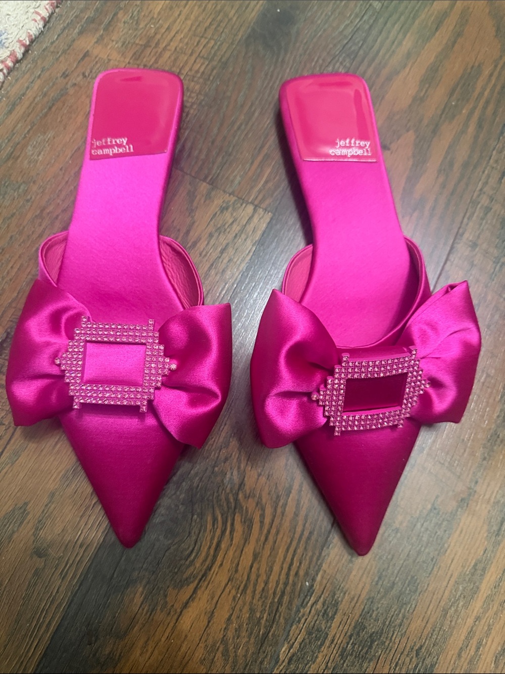 Jeffrey Campbell Hot Pink Satin Pointed Bow Slide with Crystal Buckle Size 11